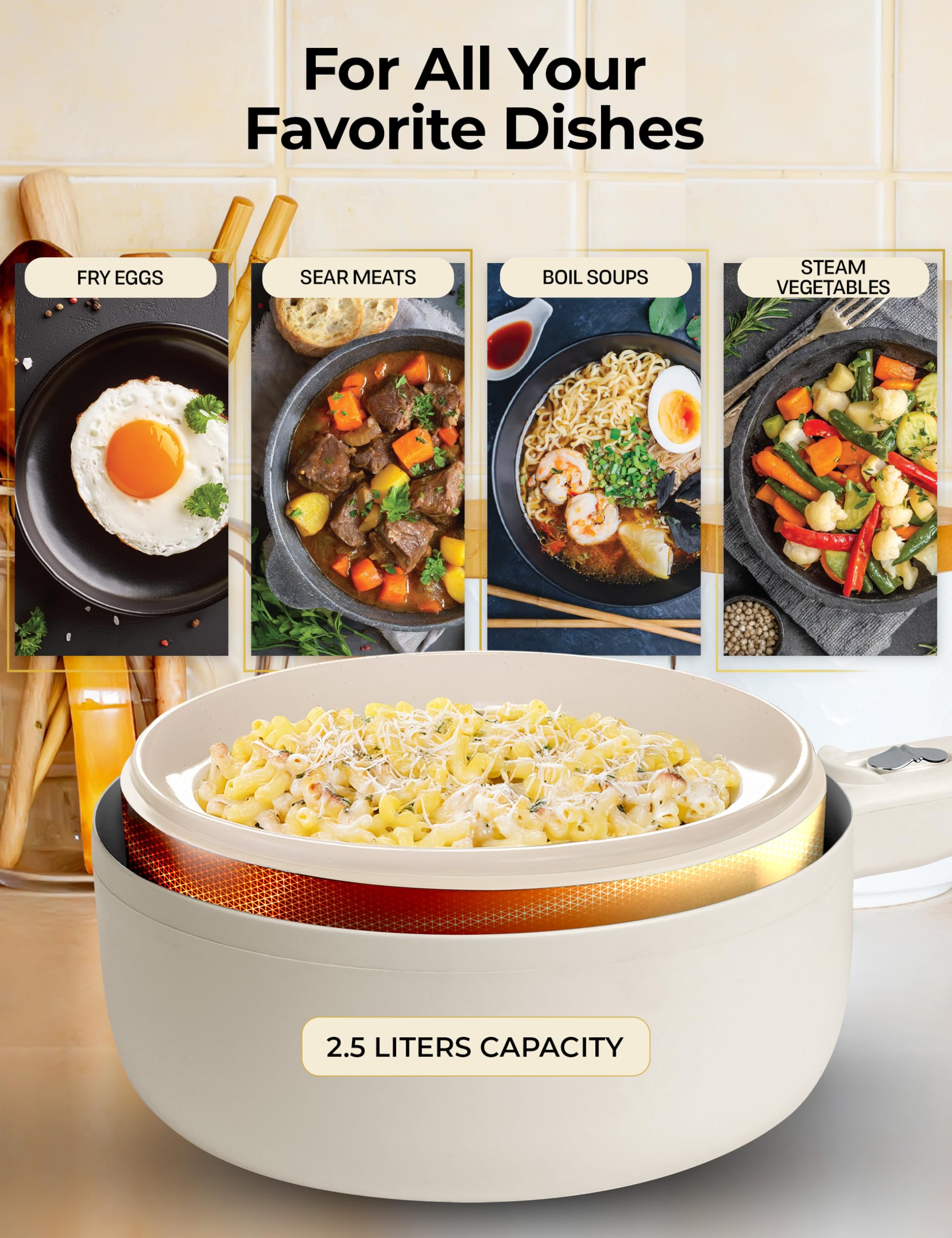 Ceramax Hot Pot Electric Cooker With Lid And Steamer, 2.5L Large Cooker Nonstick Electric Skillet, Electric Pot For Cooking, Por